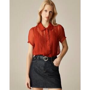 J.Crew Sheer Lace-trim Button-up Shirt 4 Red Cupro Crinkle Short Sleeve Pintuck